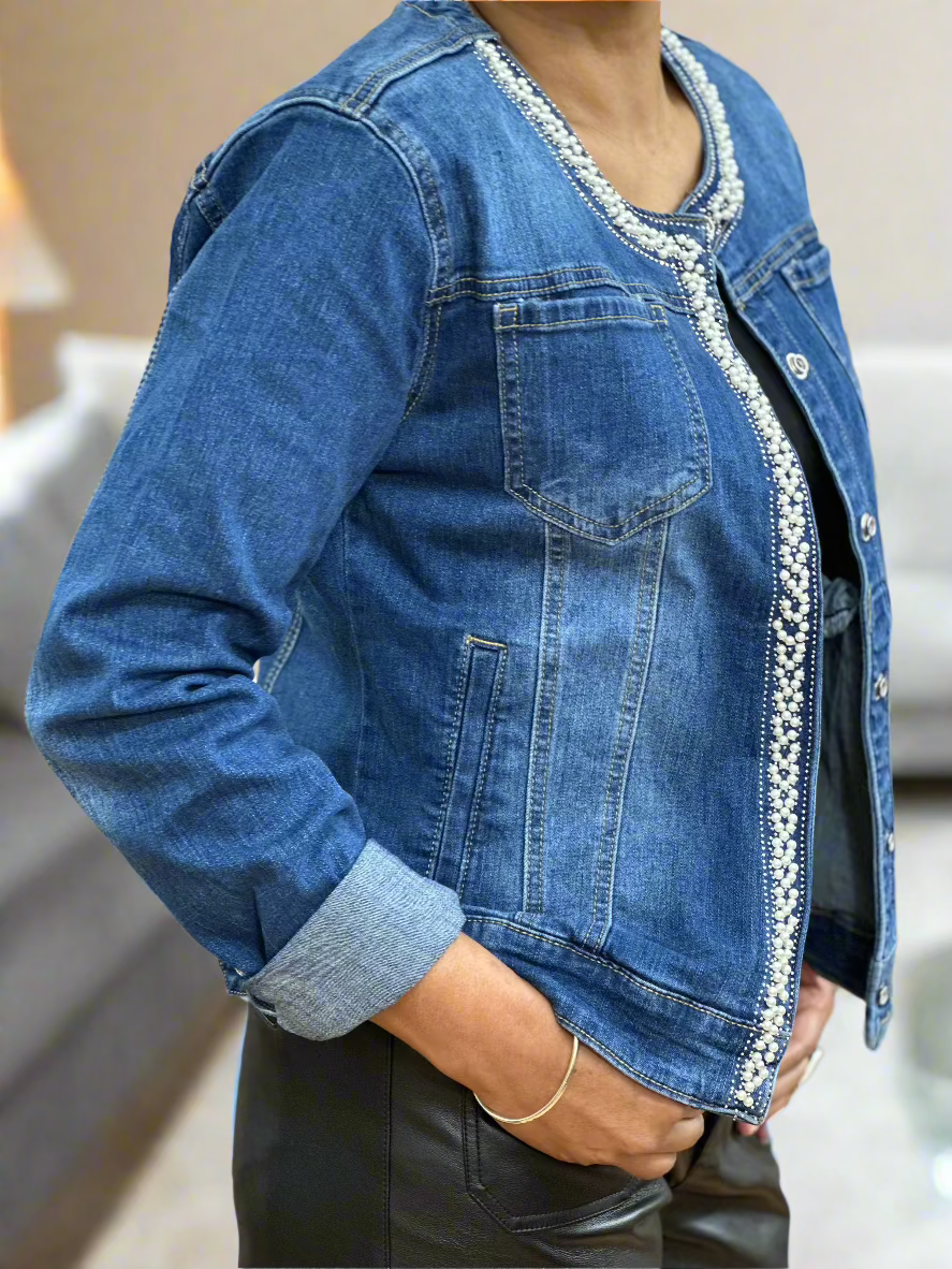 ELLIS- SEQ/PEARL DETAIL DENIM JACKET