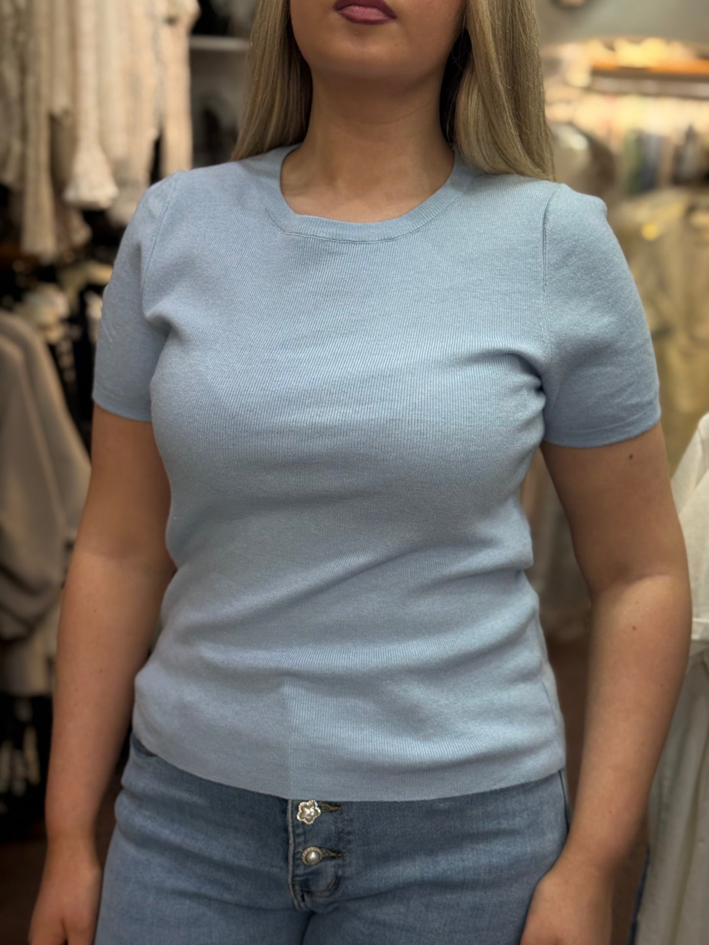 HEXI-S/SLV R/NECK KNIT TOP