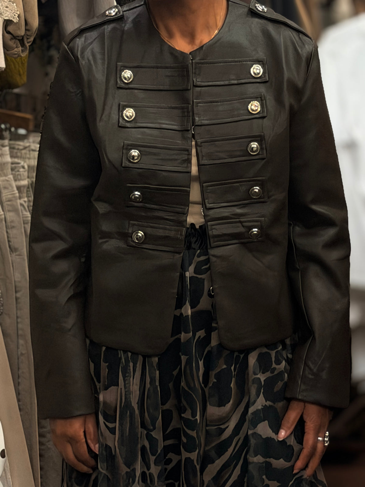 AUBREY- PU LEATHER COLLAR LESS MILITARY JACKET