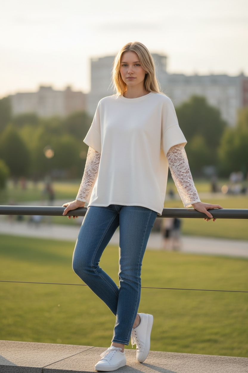 ALANA- LACE SLEEVE SCUBA SWEAT TOP