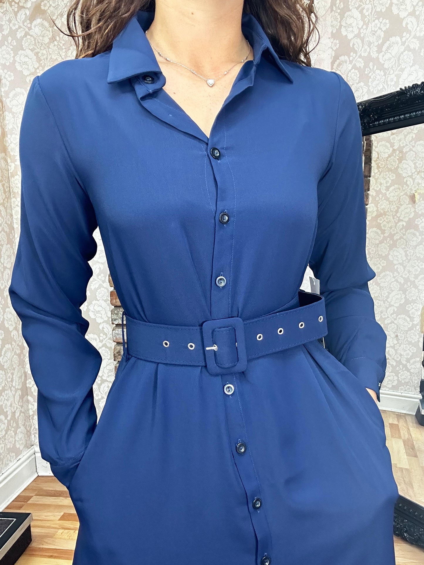 MIDI SHIRT DRESS BELTED- NAVY -SALE