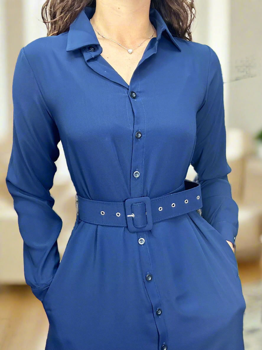 MIDI SHIRT DRESS BELTED- NAVY -#LASTCHANCE2BUY