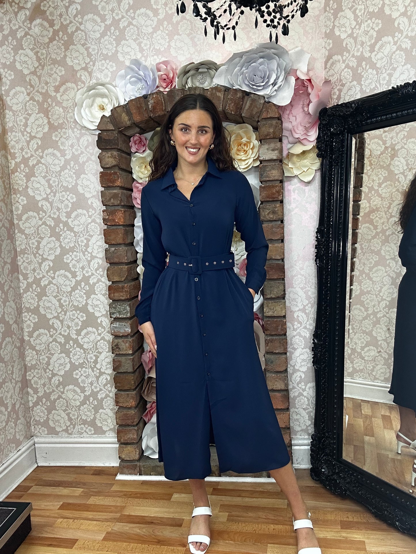 MIDI SHIRT DRESS BELTED- NAVY -SALE