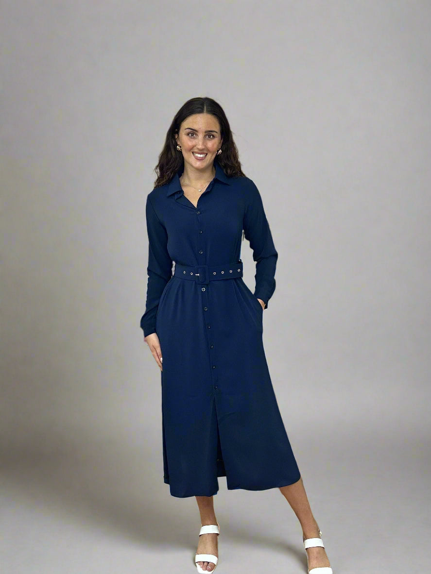 MIDI SHIRT DRESS BELTED- NAVY -#LASTCHANCE2BUY