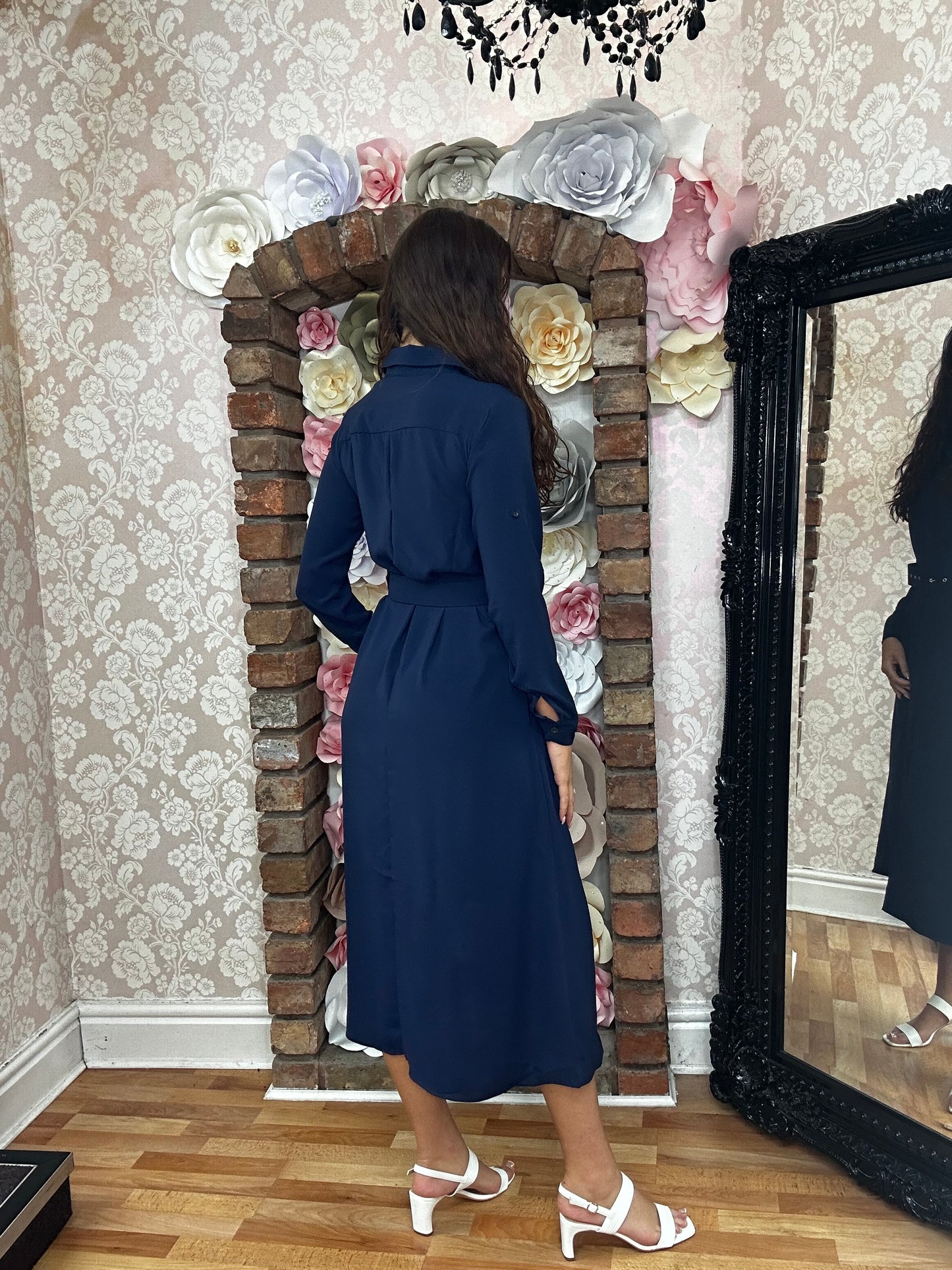 MIDI SHIRT DRESS BELTED- NAVY -SALE