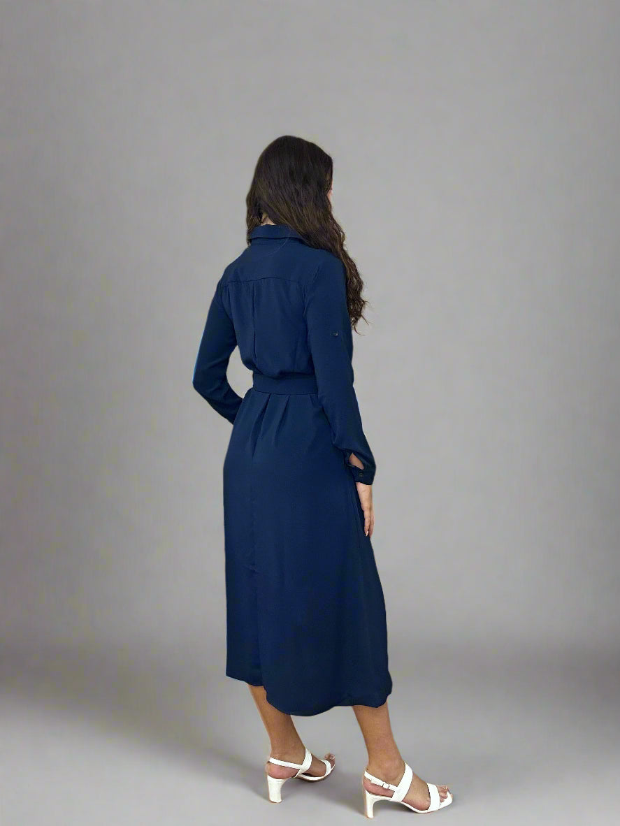 MIDI SHIRT DRESS BELTED- NAVY -#LASTCHANCE2BUY