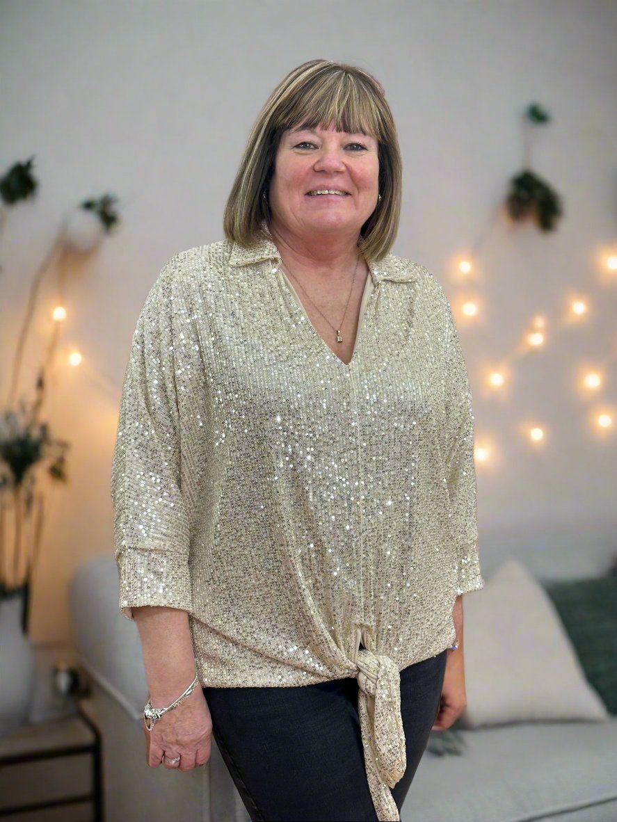 CURVY COLLECTION- COLLAR SEQUIN TIE FRONT