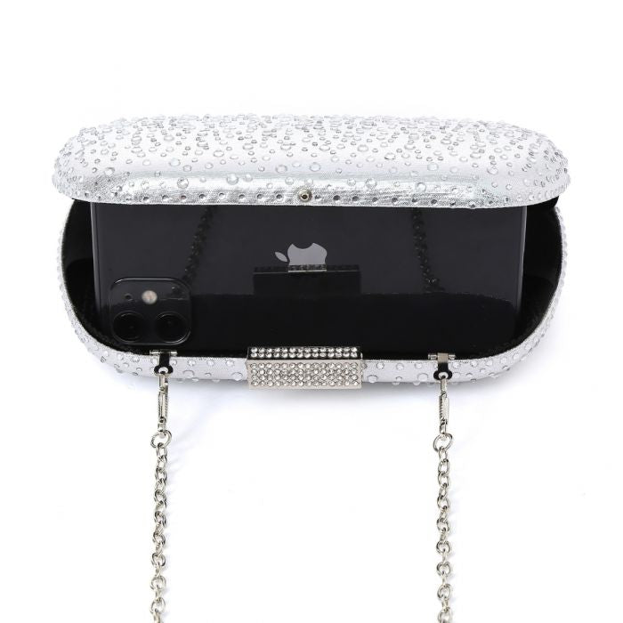 Sparkle Gemstone Clutch/Chain Bag-Silver