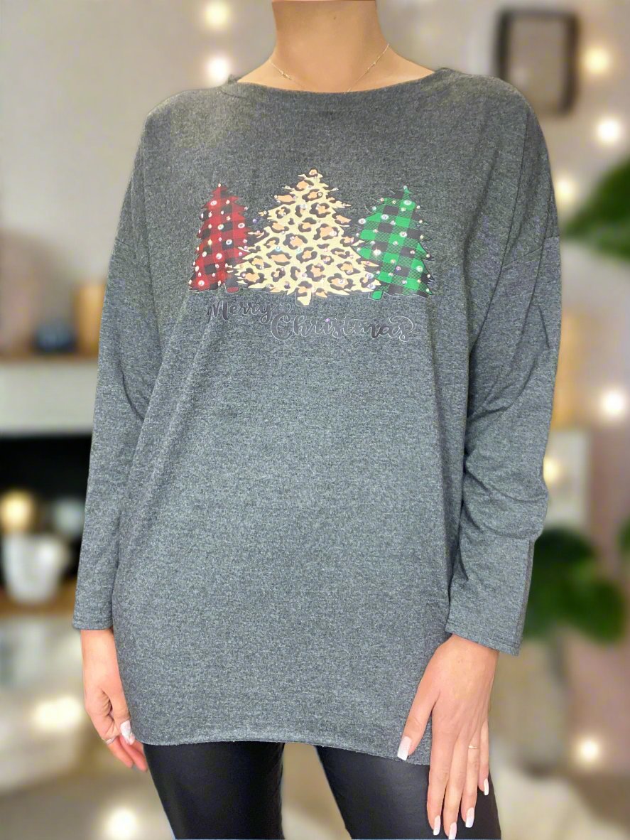 Xmas Tree Bling Sweat Top - Grey