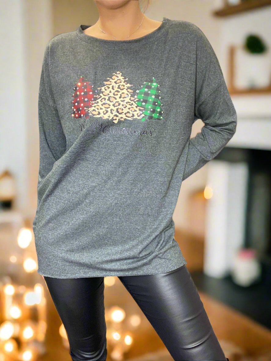 Xmas Tree Bling Sweat Top - Grey