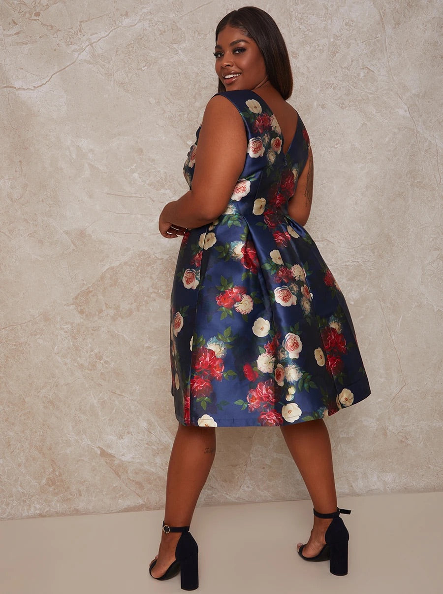 CURVY C V-neck floral print navy dress - PARTY SALE now