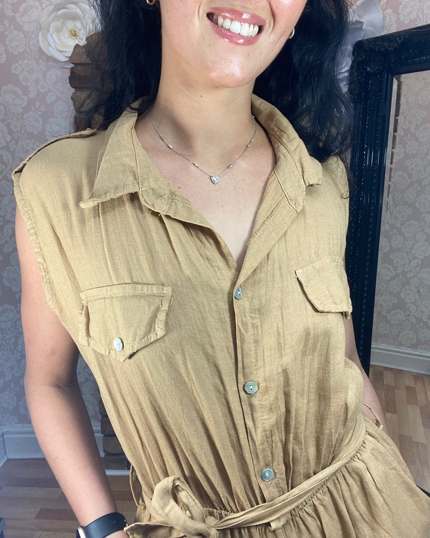 Straight Leg Linen Jumpsuit- Beige - #SALE15-LAST ONE LEFT