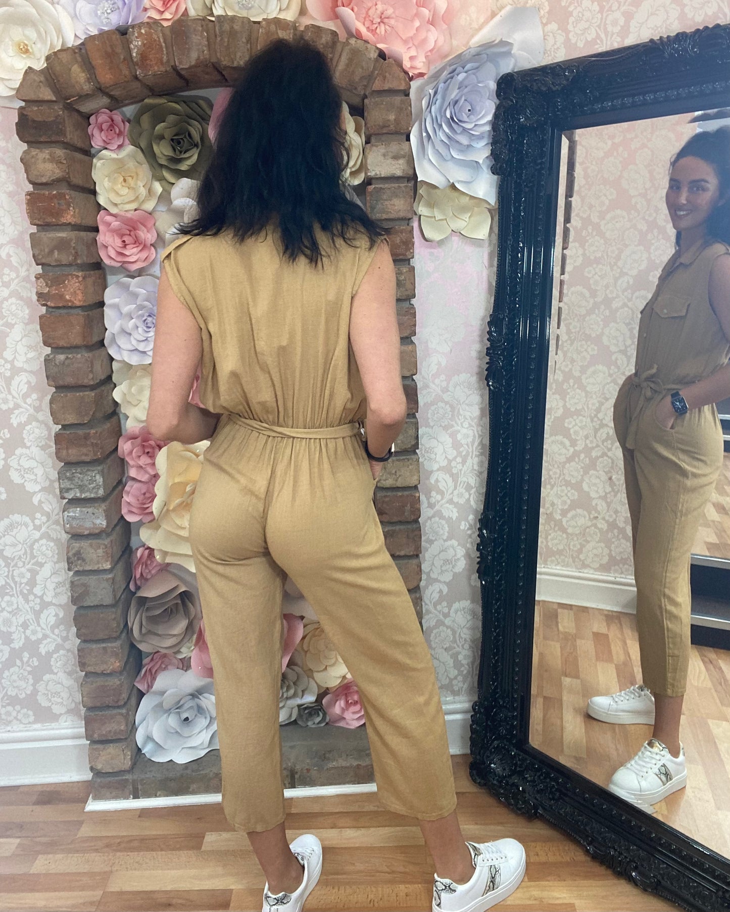 Straight Leg Linen Jumpsuit- Beige - #SALE15-LAST ONE LEFT