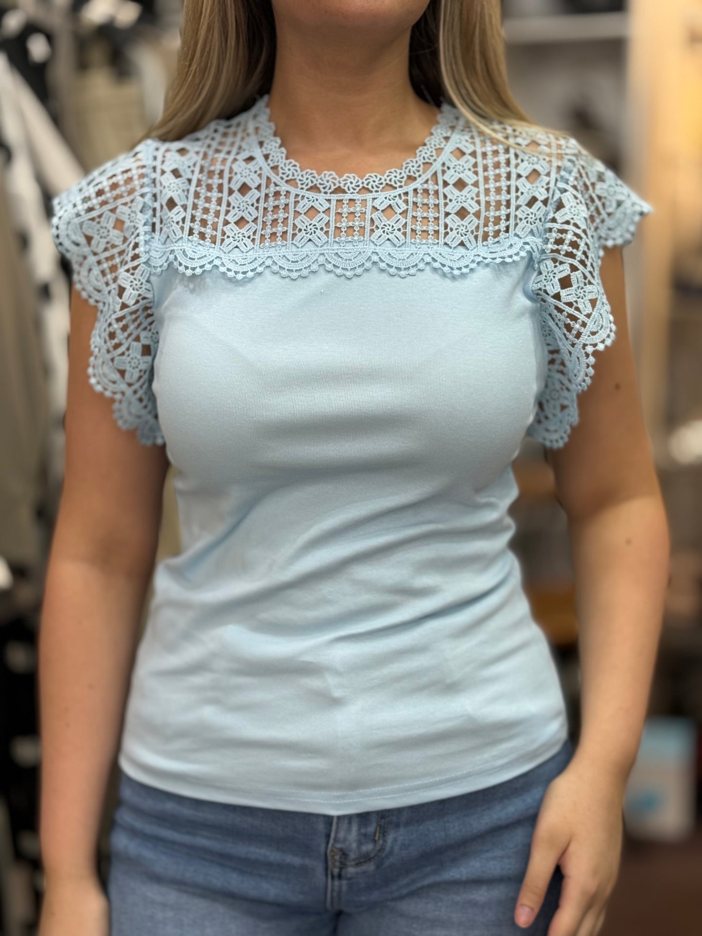 KAIA- CROCHET NECK AND SLEEVE TEE TOP