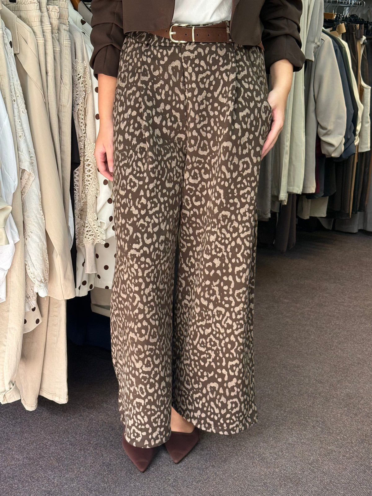 WREN-BELTED ANIMAL PRINT WIDE LEG TROUSER