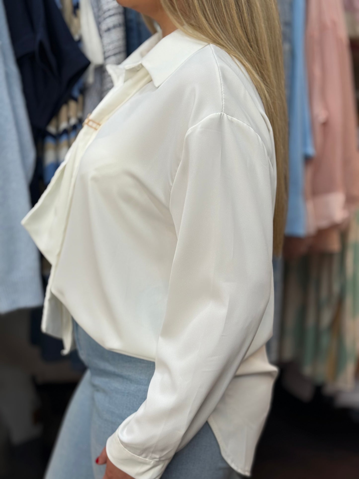 CLARRISA- SATIN SCARF SHIRT