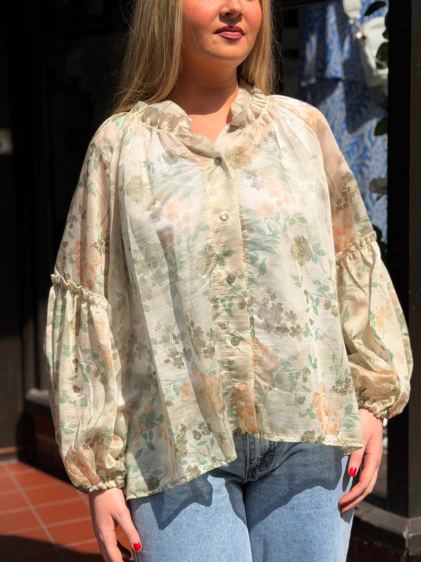 TERRY-TENCEL PRINTED FRILL SLV SHIRT