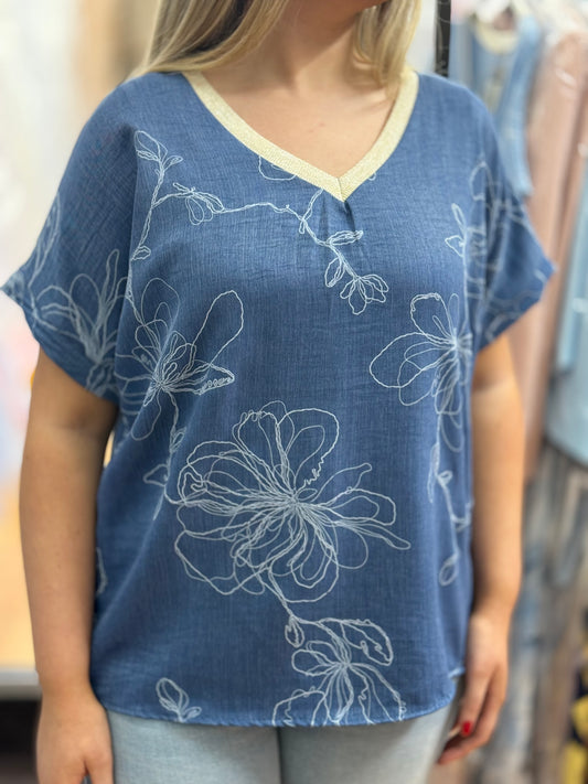 LUCY- VNK DENIM LOOK FLOWER SCRIB TOP