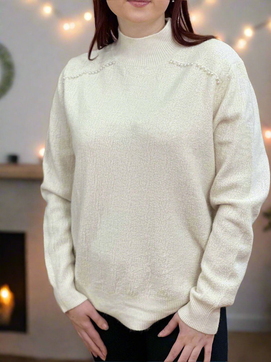 LOUELLA- TURTLE NK PEARL TRIM KNIT - #YearEndSale