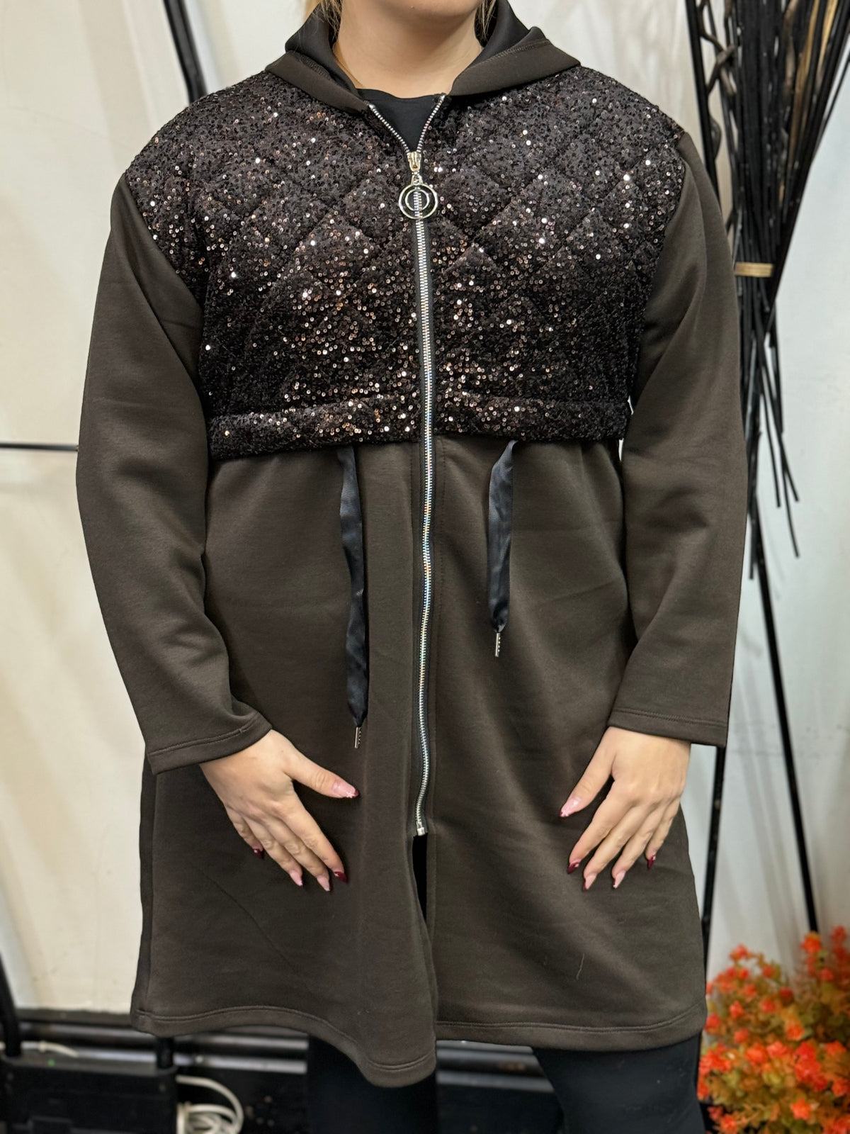 EMMIE-QUILTED PLUSH SEQUIN HOODY JKT-