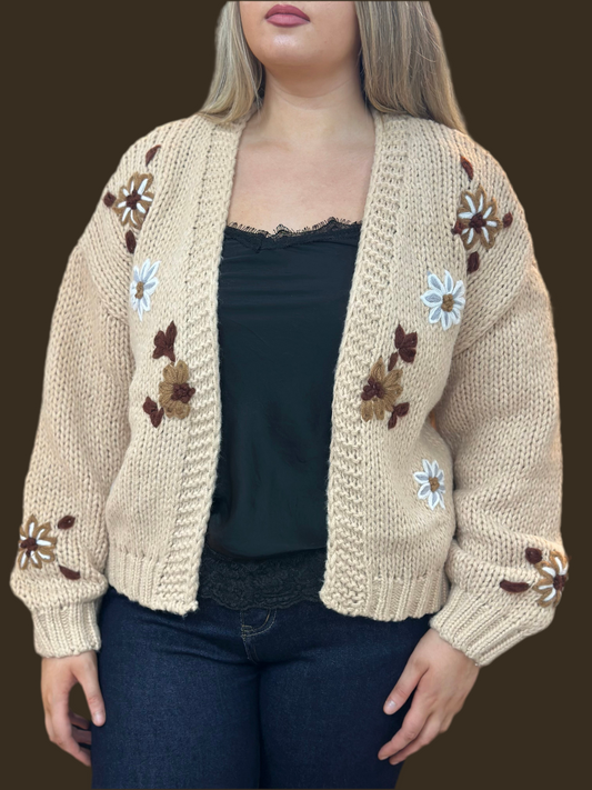 ALEX-HAND KNIT FLOWER CARDI- CAMEL