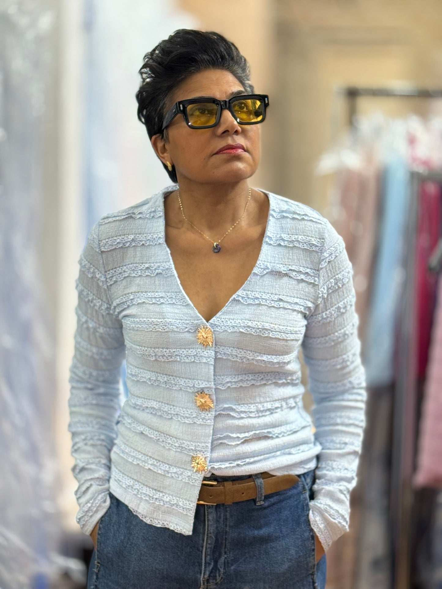 GRACIE- GOLD BUTTON LACE TOP #SunshineSALE