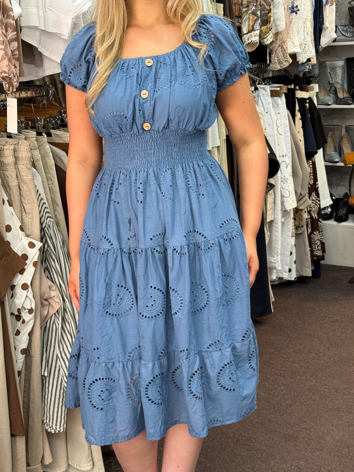 RIO-EMB-ANG BARDOT MIDI DRESS