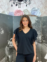 Load image into Gallery viewer, MALISSAJ-V NECK TOP WITH BRODERIE SLEVE
