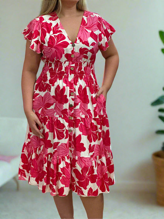 KEELY-BUTTON DETAIL PRINT MIDI DRESS -