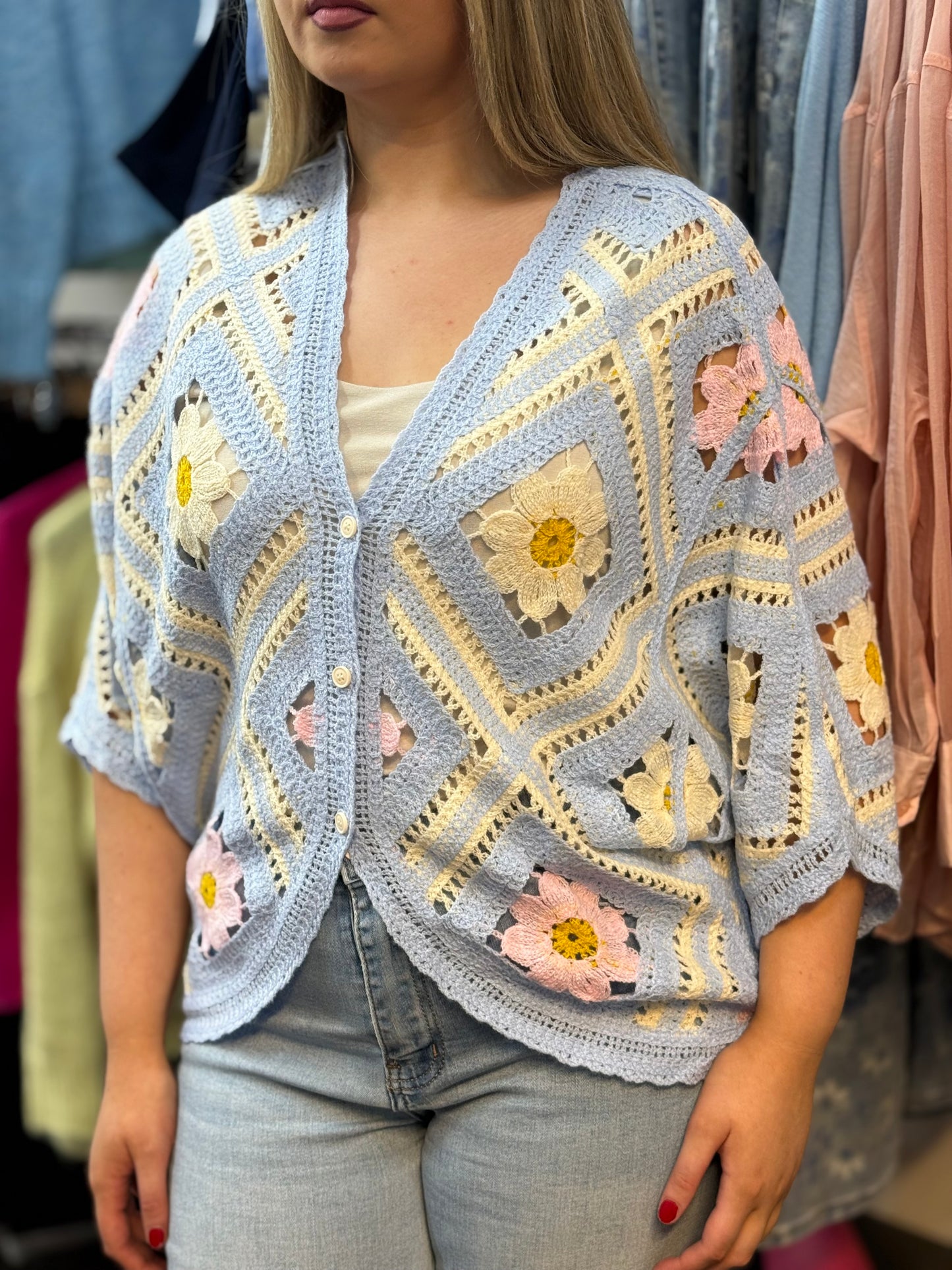 LARA-O/S CROCHET DAISY KNIT SHRUG #SunshineSALE