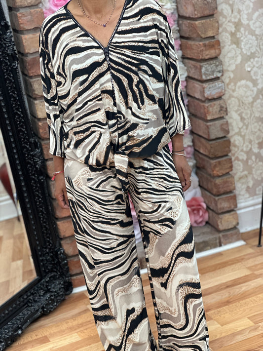 ZIP TOP SILKY WIDE PANT SET