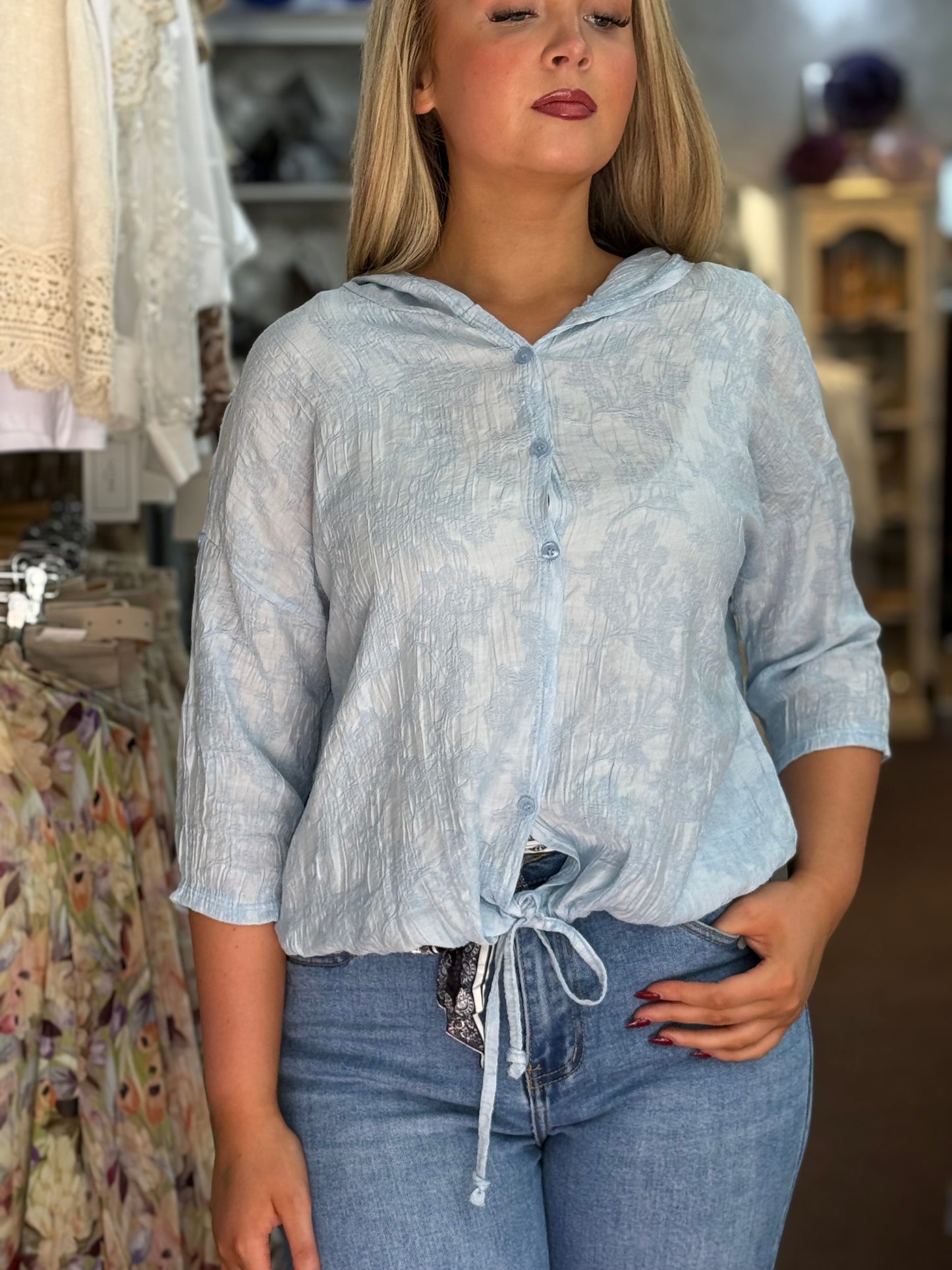 MYSIE-FLOCK PATT HOODY SHIRT TOP