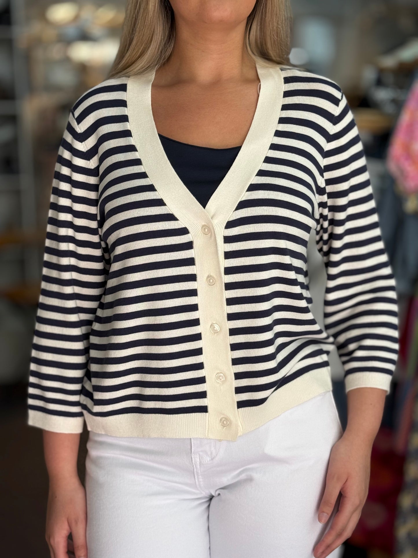 FRANSA- MARY- V NAVY STRIPE CARDI