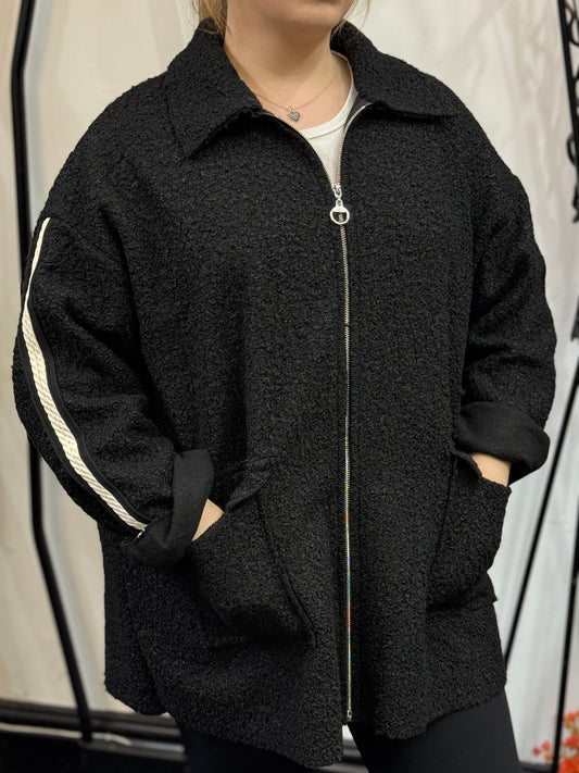 MEGAN-STRIPE SLEEVE TEDDY ZIP JACKET-CURVE