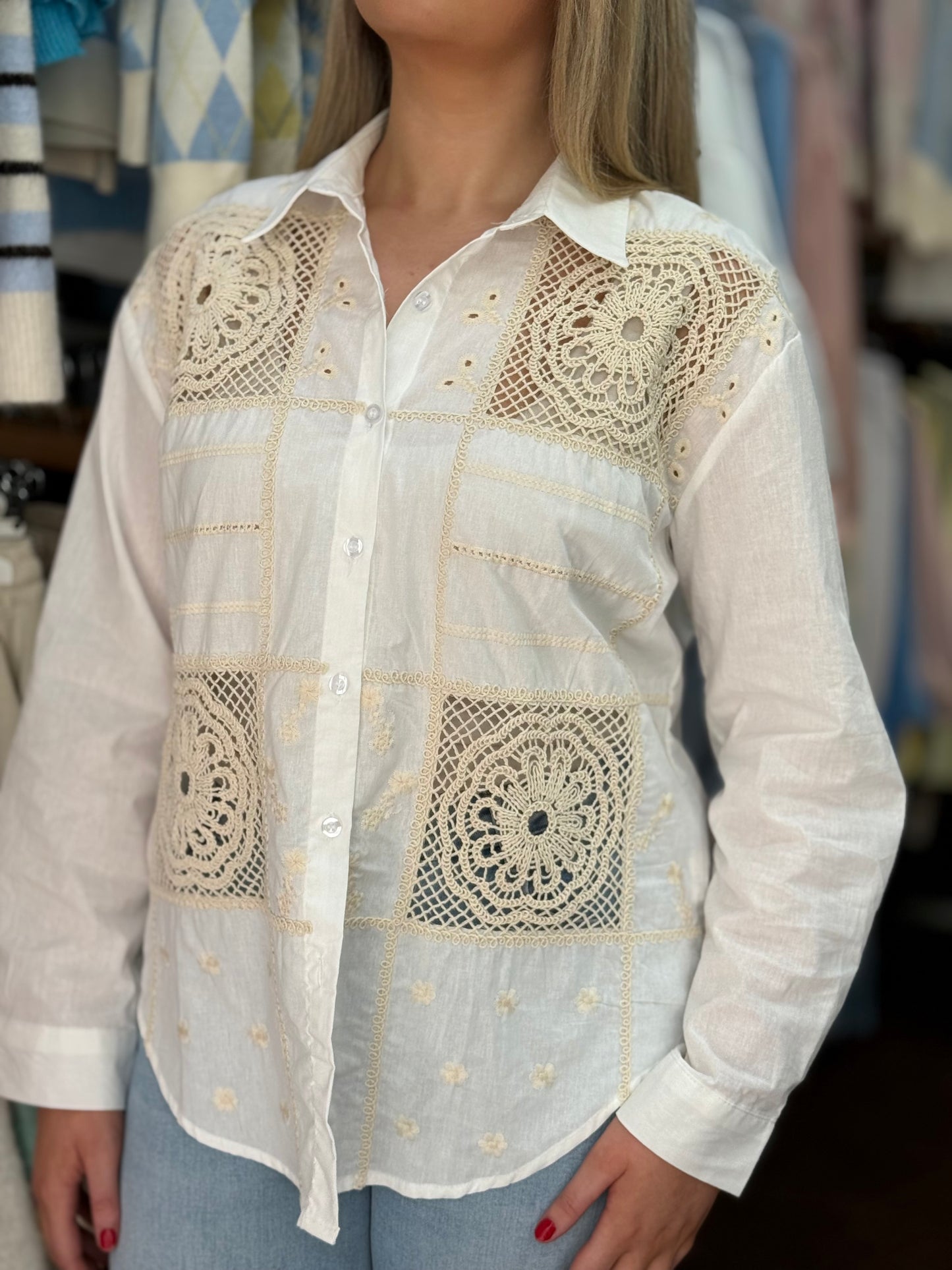 TATUM-CROCHET PATCH DETAIL SHIRT