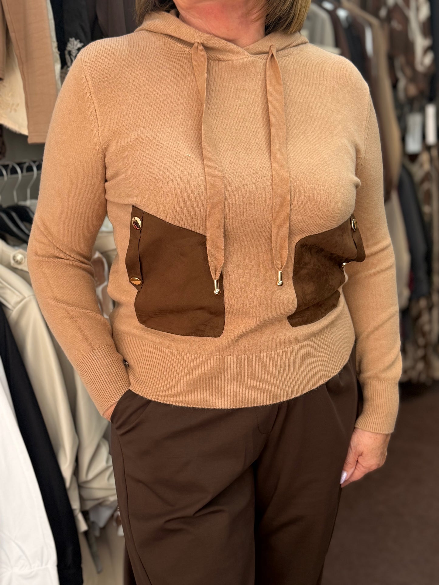 JANIS-PATCH POCKET FINE KNIT HOODIE