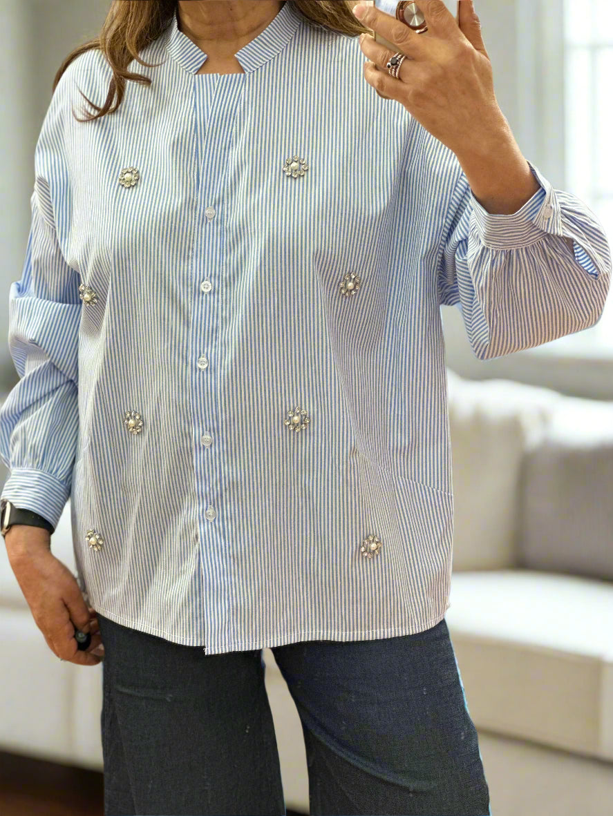 SKYLA - DIAMANTE DETAIL PINSTRIPE SHIRT