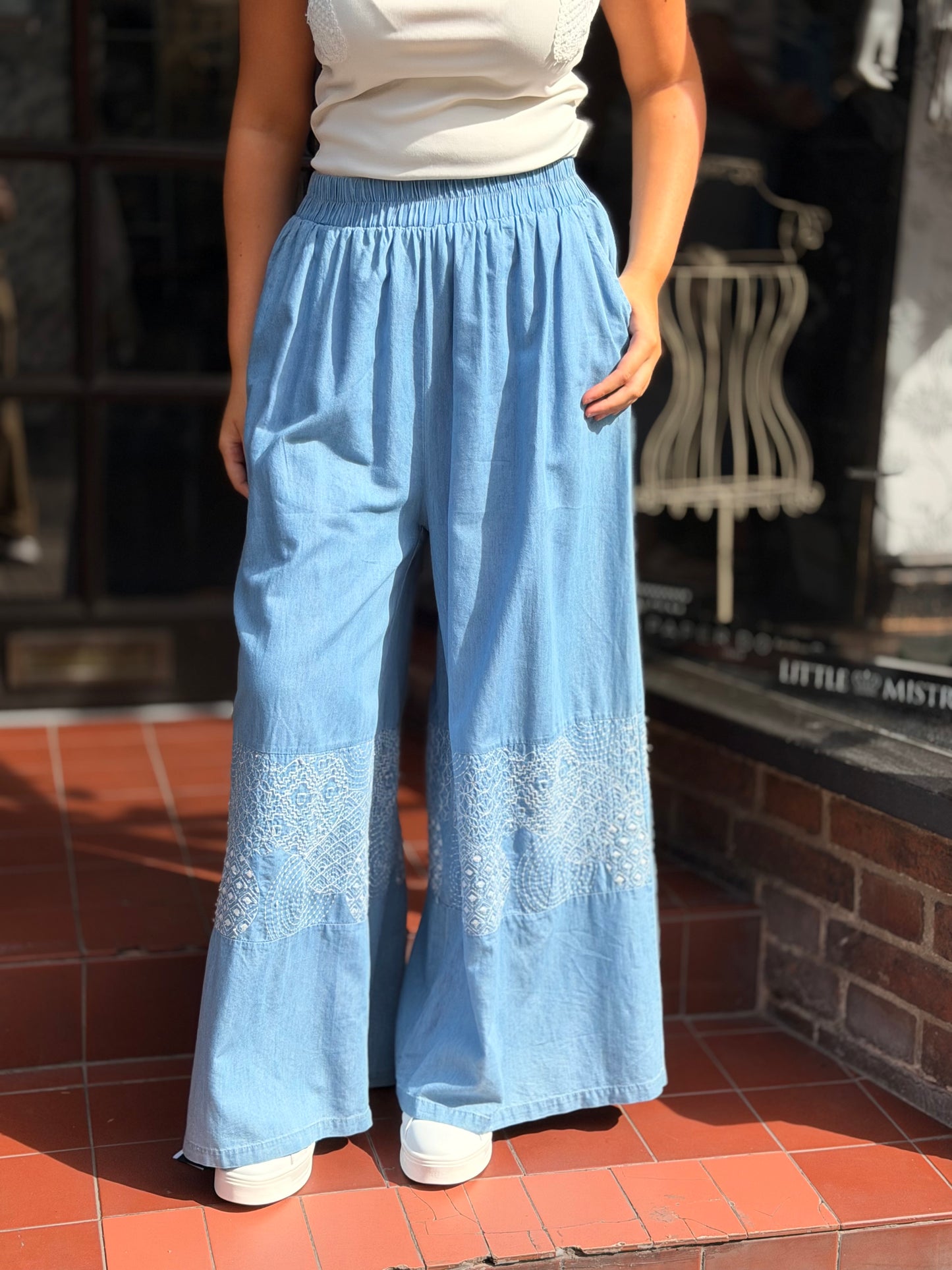 ABIGAIL-EMB PANEL WIDE LEG TROUSER