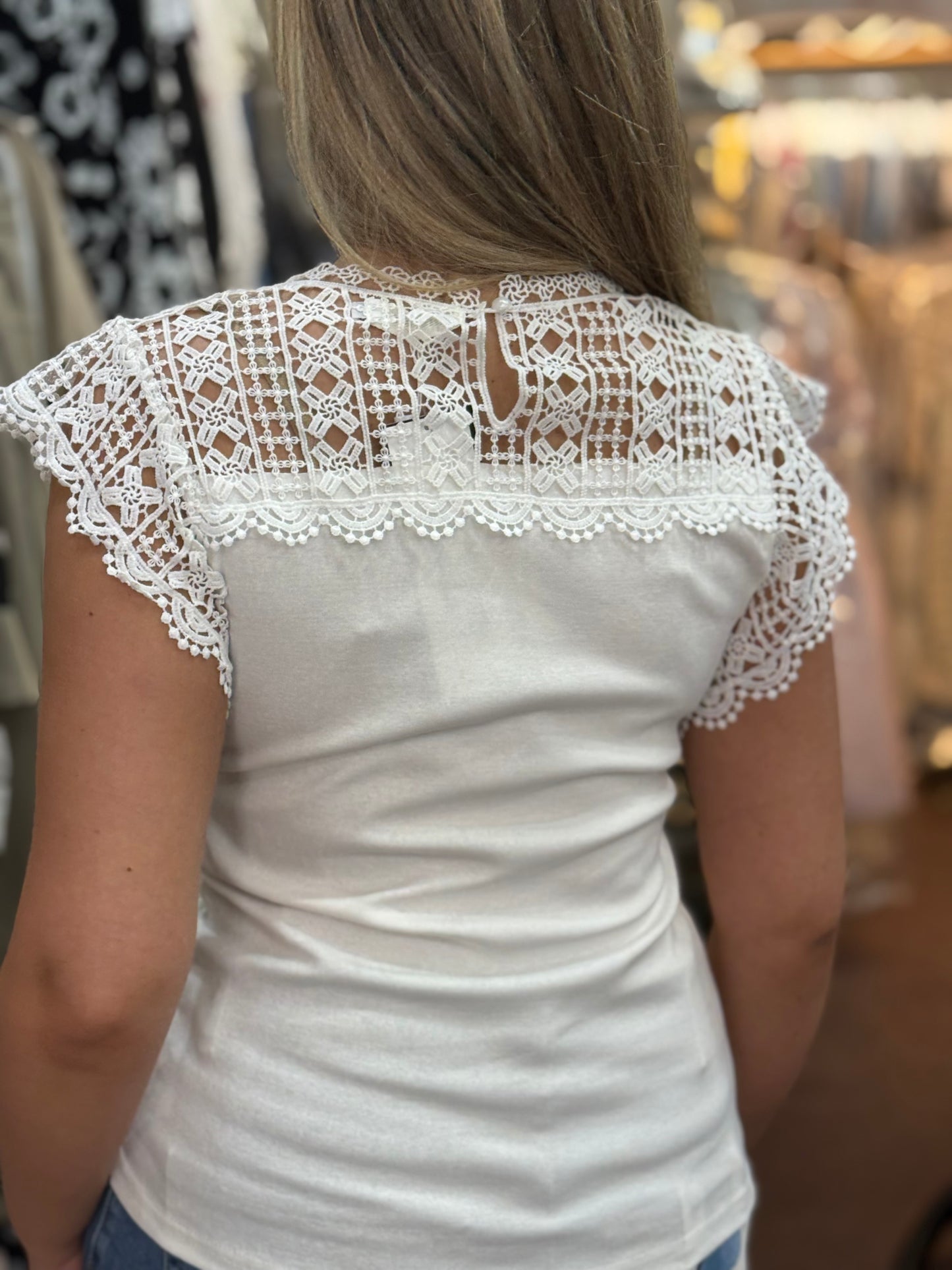 KAIA- CROCHET NECK AND SLEEVE TEE TOP