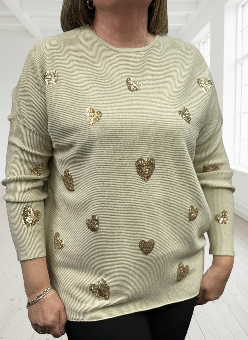 KENSO-O/S SEQUIN HEART RIB JUMPER-