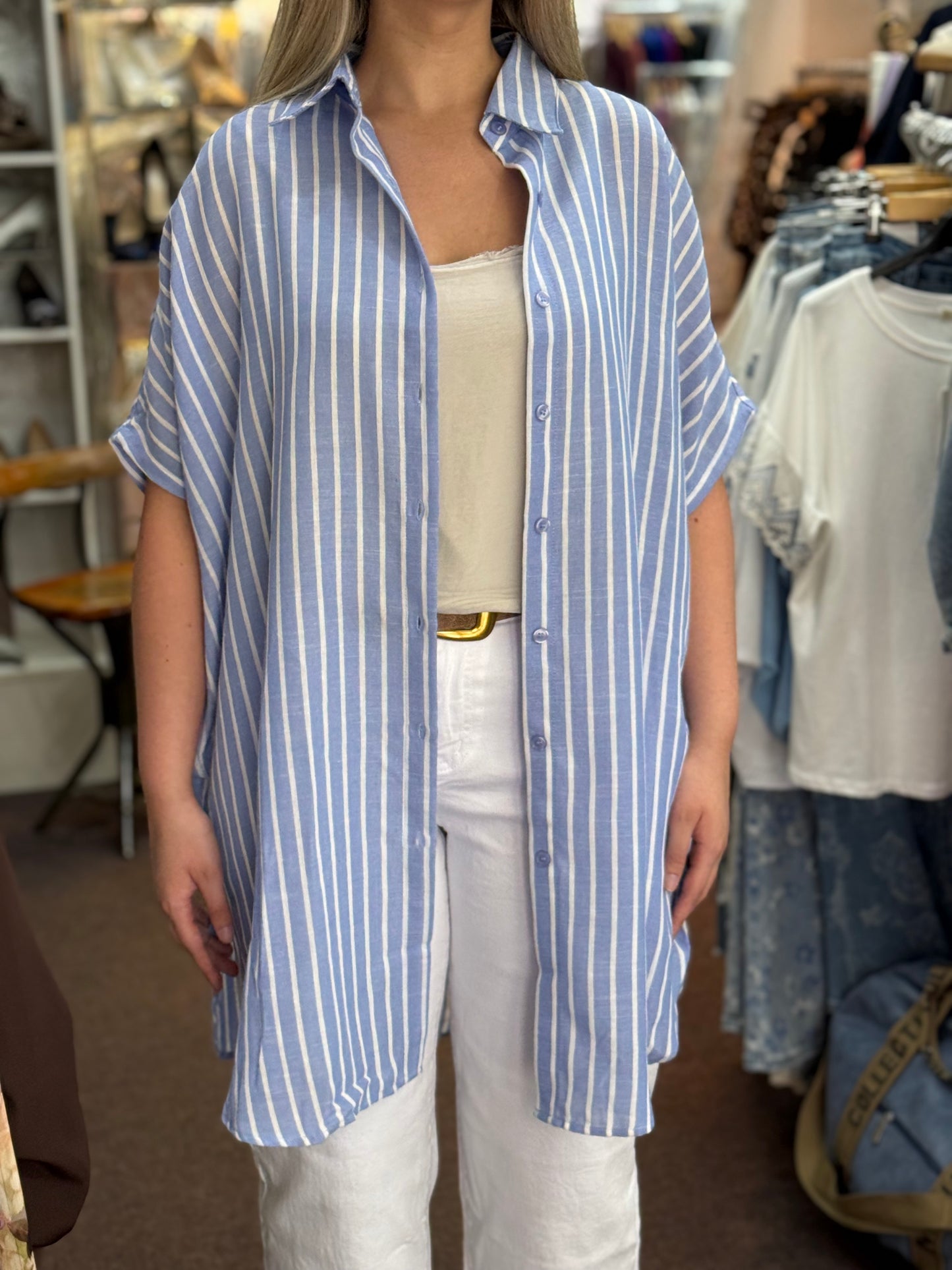 LYDIA- PIN STRIPE O/S TUNIC SHIRT-