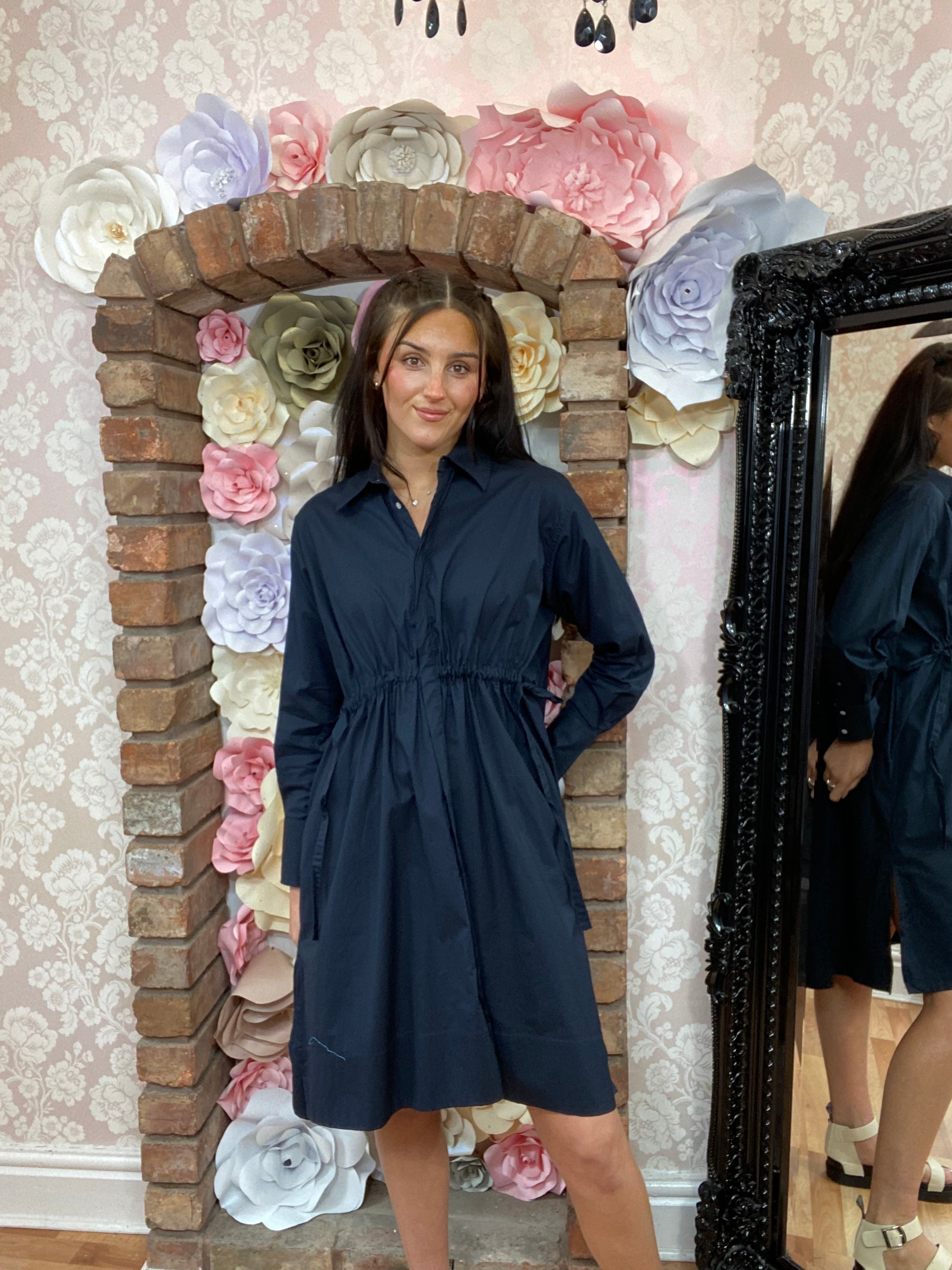 FRENCH CONNECTION RHODES RUCHED WAIST SHIRT DRESS- NAVY