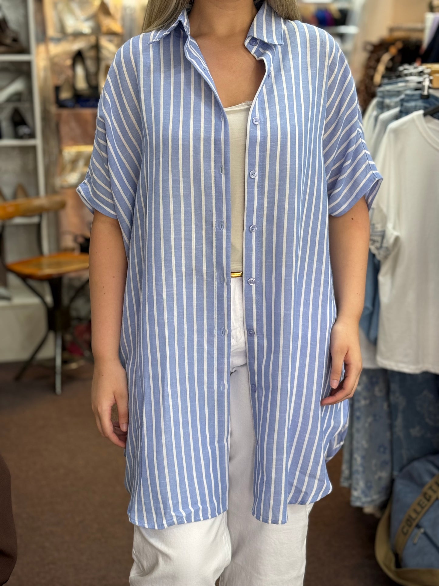 LYDIA- PIN STRIPE O/S TUNIC SHIRT-