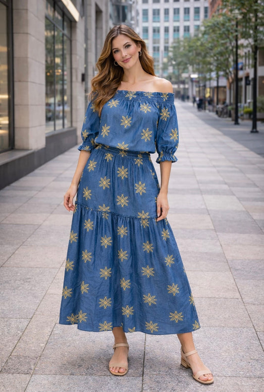 RAINA-GOLD EMB DENIM LOOK GYPSY SKIRT