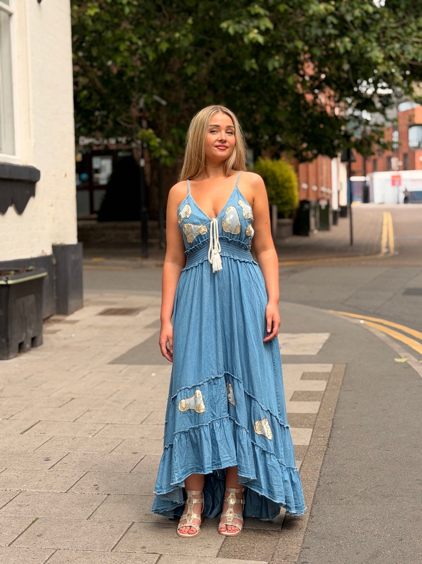 LUELLA-GOLD PATCH DENIM MAXI DRESS