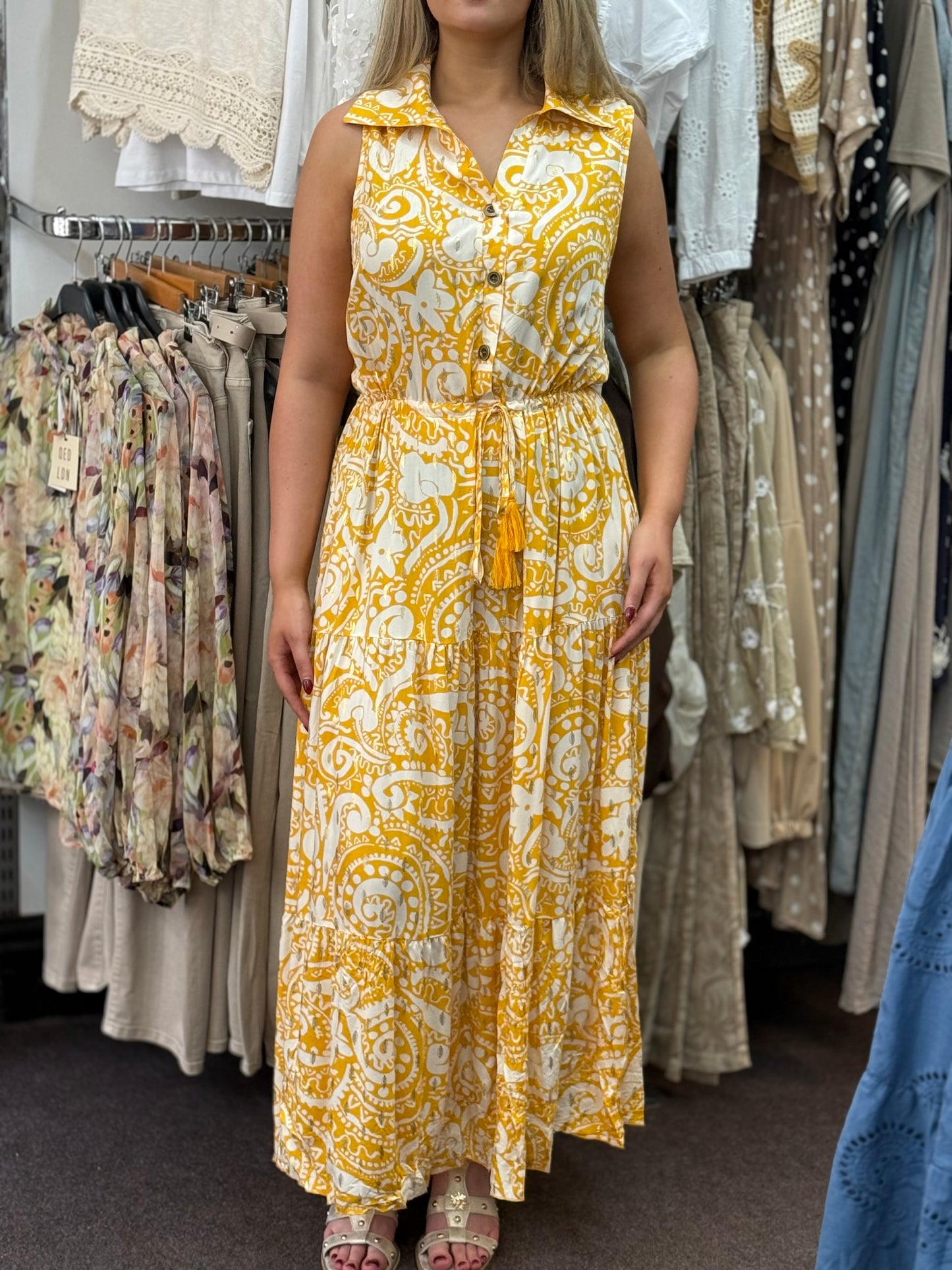 RAE-S/L FOIL SHIRT DRESS DRAW WAIST