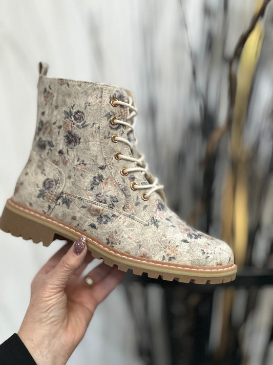 LUNAR DAZZLE FLORAL ANKLE BOOT- BEIGE-