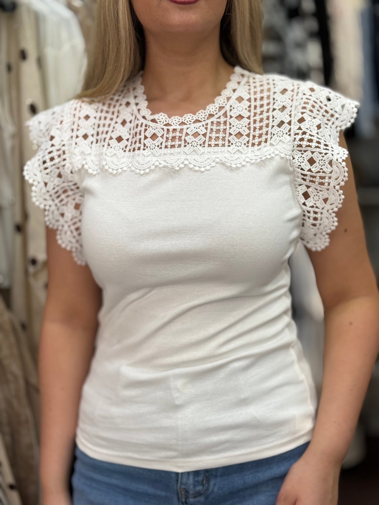 KAIA- CROCHET NECK AND SLEEVE TEE TOP