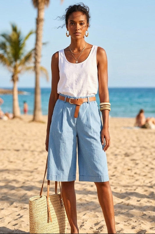 EZRA-PINTUCK DENIM LOOK BERMUDA SHORTS