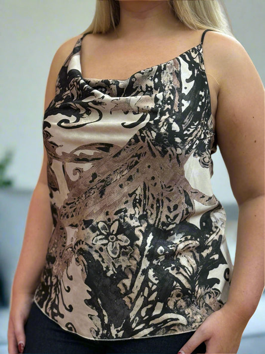 RHONA- SATIN CAUL NK PRINT VEST TOP